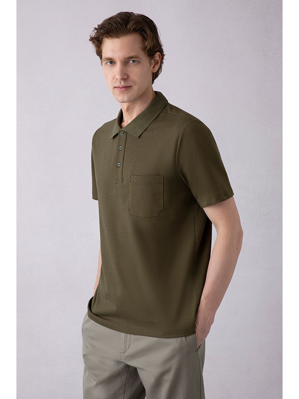 Haki Regular Fit Pamuklu Nakışlı Cepli Polo Yaka Tişört-1