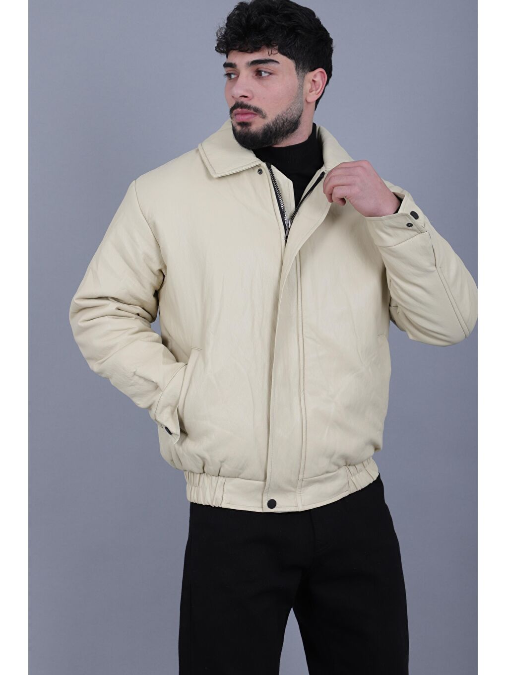 Bej Kışlık Dolumlu İçi Kürklü Oversize Suni Deri Mont KMD_50502