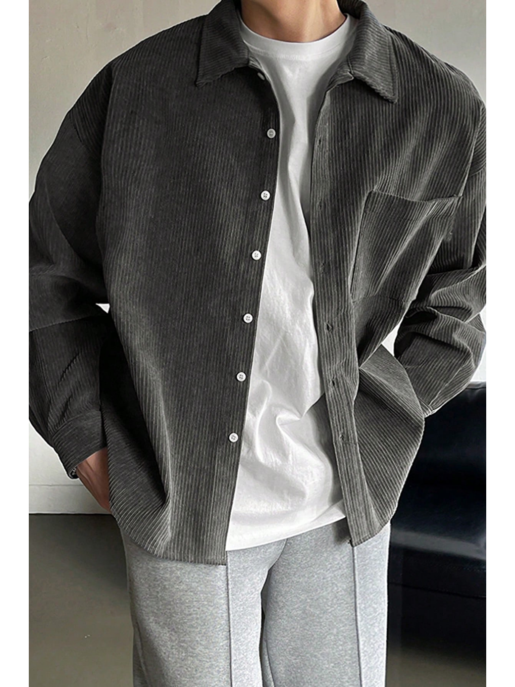Gri Erkek Gömlek Fitilli Kadife Oversize Gömlek Yaka Cepli Uzun Kollu Ceket Gömlek-1