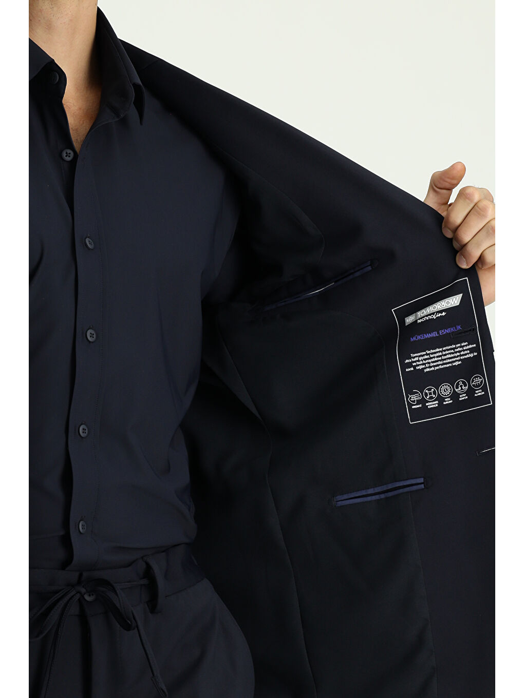 Lacivert Techno-Line Super Slim Fit Ekstra Dar Kesim Beli Lastikli İpli Çantalı Elastanlı Takım Elbise-5