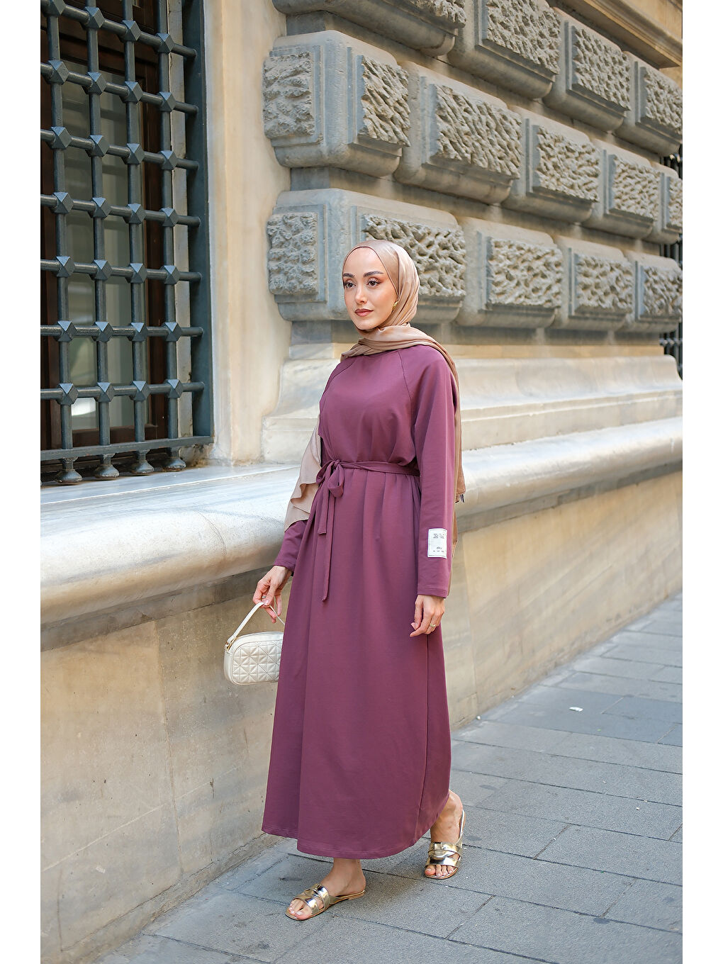 Kadın Kol Arma Detaylı Bisiklet Yaka Elbise Bordo-1