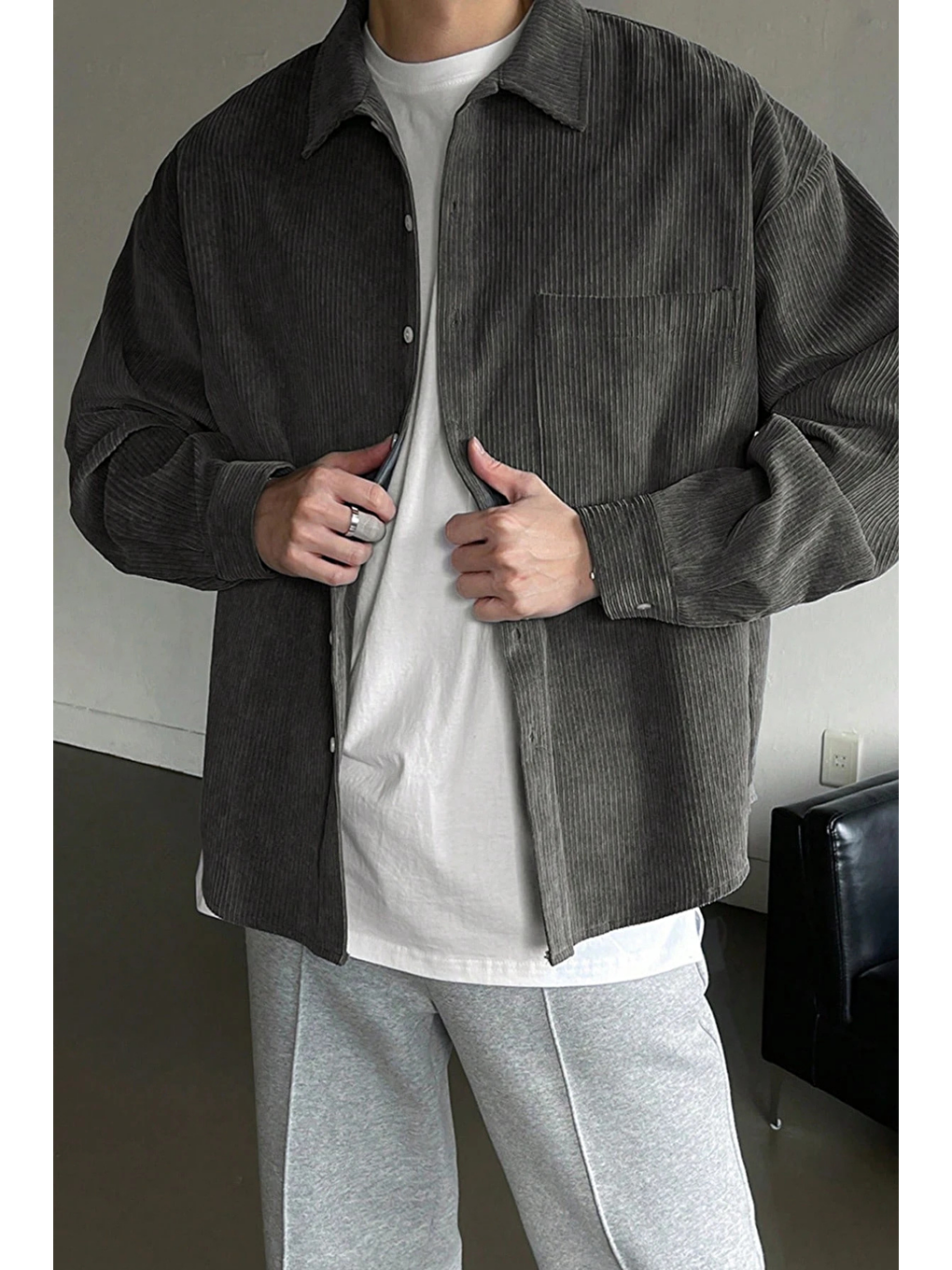 Gri Erkek Gömlek Fitilli Kadife Oversize Gömlek Yaka Cepli Uzun Kollu Ceket Gömlek-2