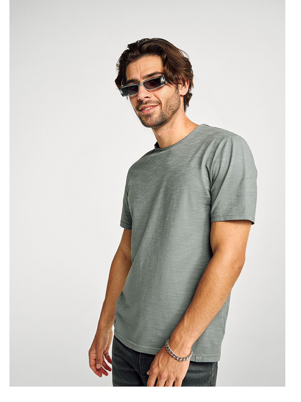 Erkek Antrasit Gri Bisiklet Yaka Slub T-shirt-4