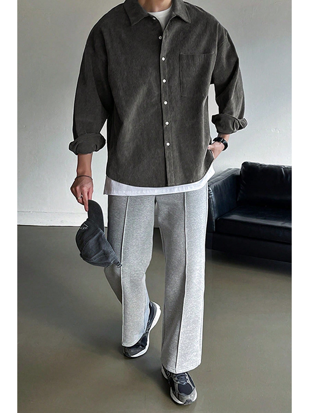 Gri Erkek Gömlek Fitilli Kadife Oversize Gömlek Yaka Cepli Uzun Kollu Ceket Gömlek-3