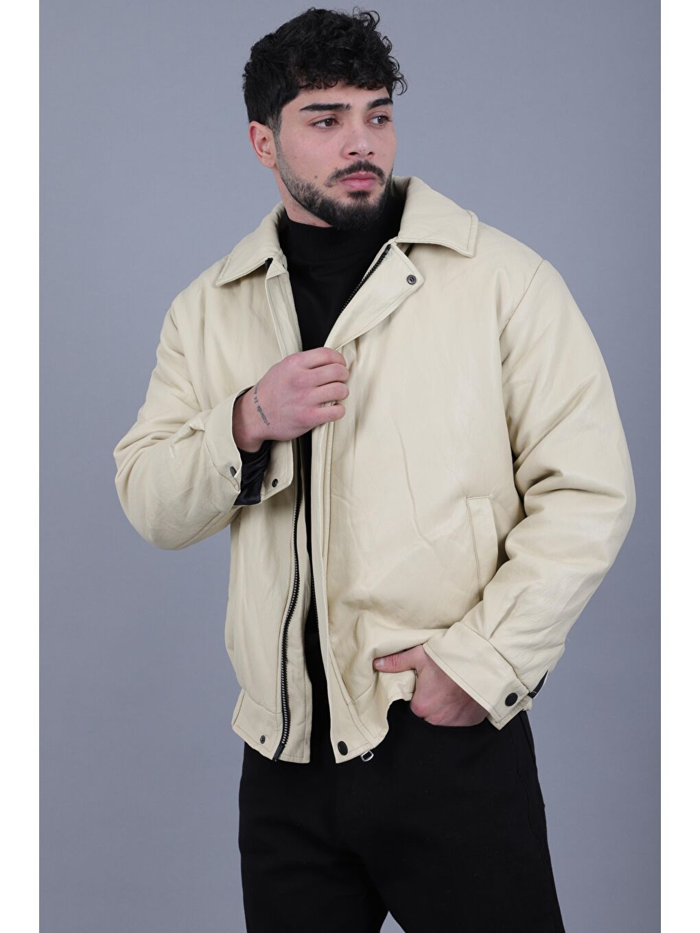 Bej Kışlık Dolumlu İçi Kürklü Oversize Suni Deri Mont KMD_50502-2