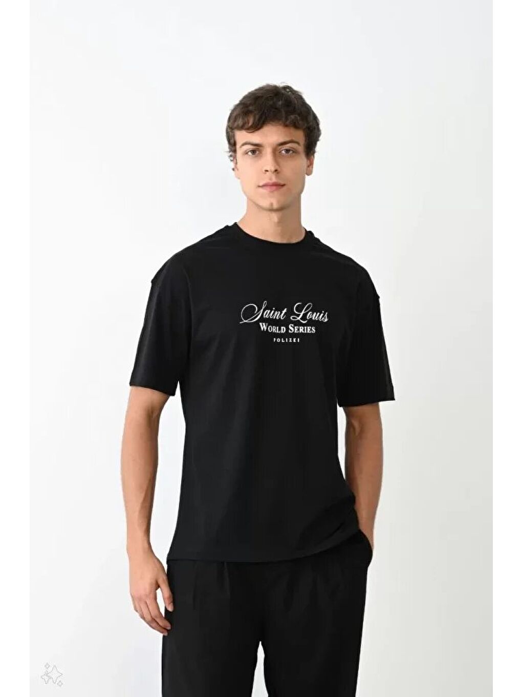 Unisex Bisiklet Yaka Baskılı Oversize T-Shirt - Siyah