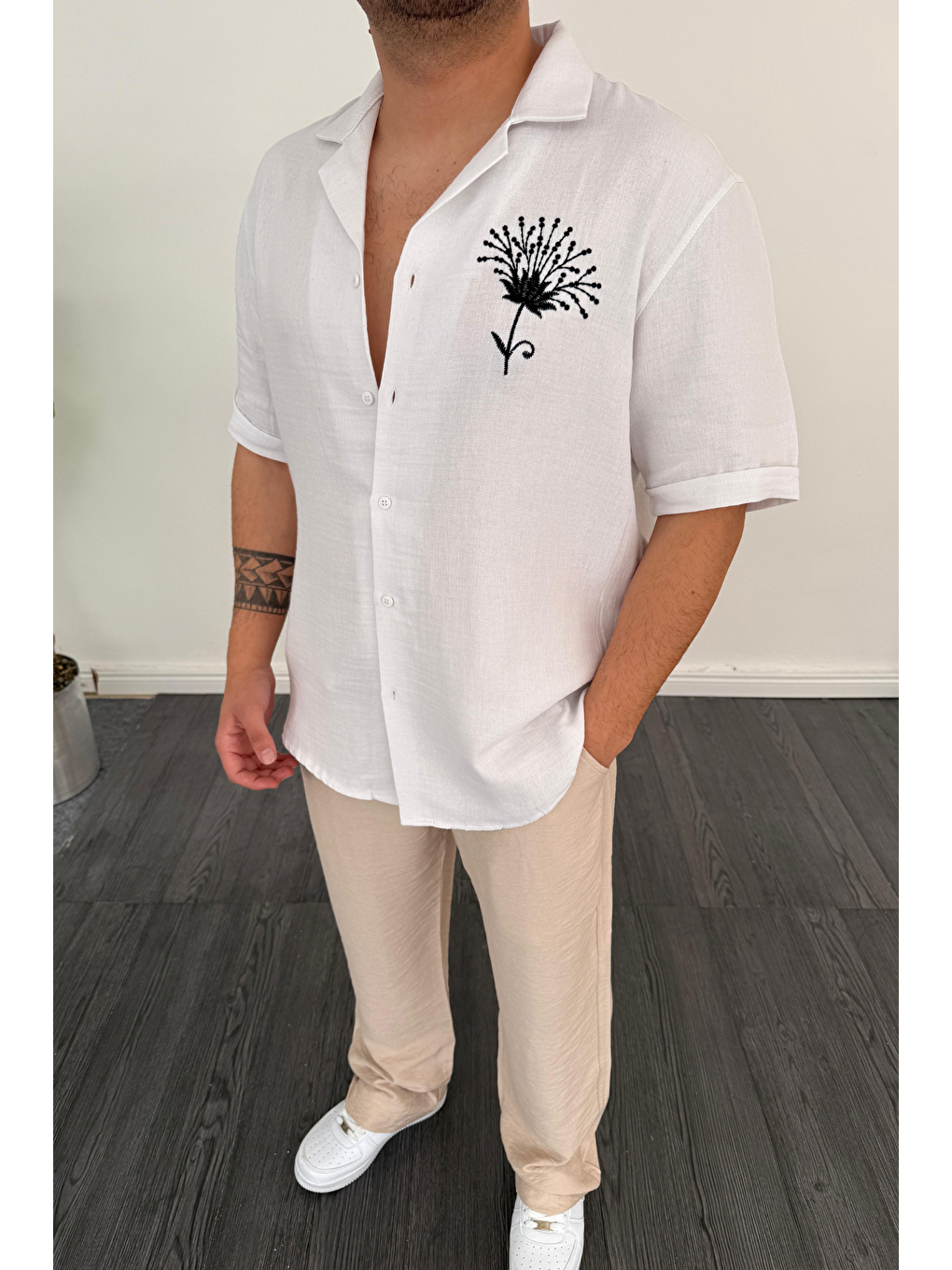Nakış Detaylı Müslin Keten Kısa Kol Gömlek Beyaz