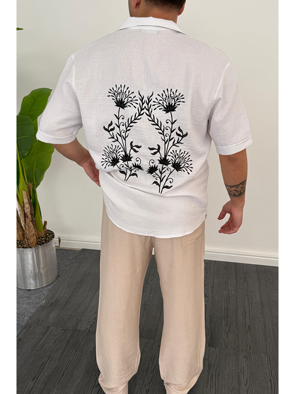 Nakış Detaylı Müslin Keten Kısa Kol Gömlek Beyaz-1