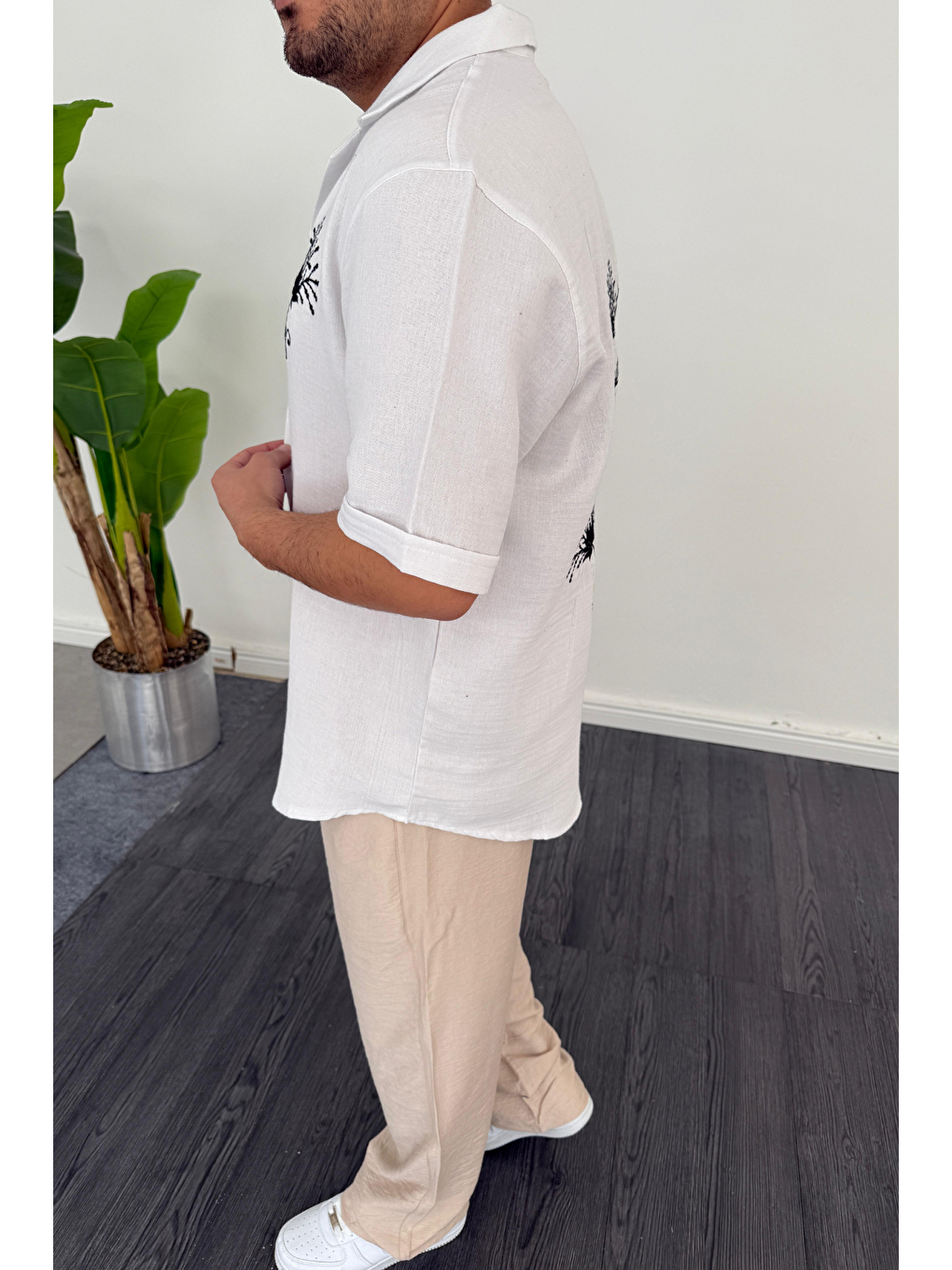 Nakış Detaylı Müslin Keten Kısa Kol Gömlek Beyaz-2