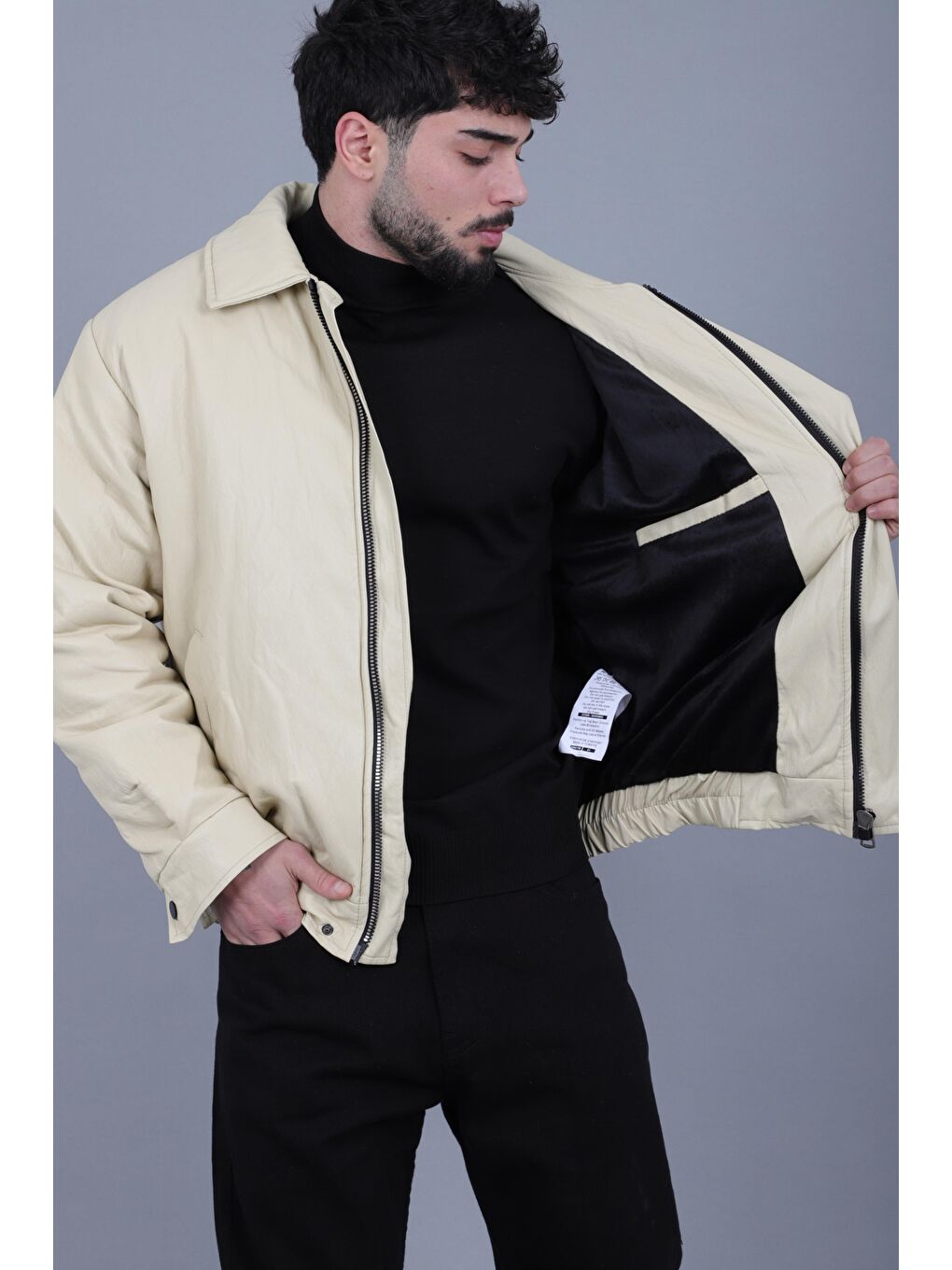 Bej Kışlık Dolumlu İçi Kürklü Oversize Suni Deri Mont KMD_50502-4