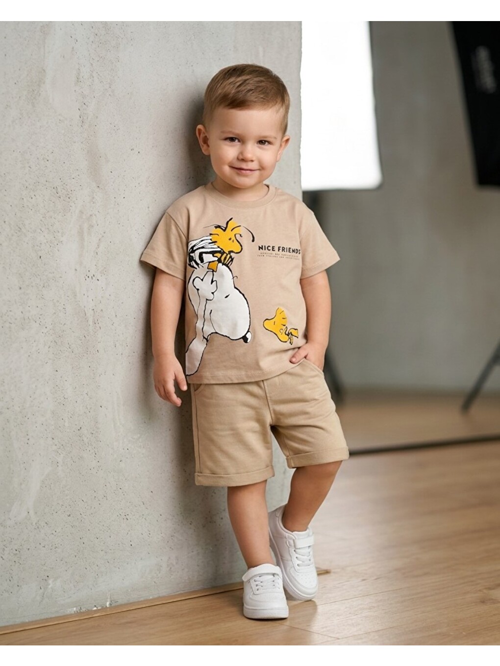 Bej Erkek Çocuk Yazlık Snoopy Baskılı Şort T-shirt 2'li Takım