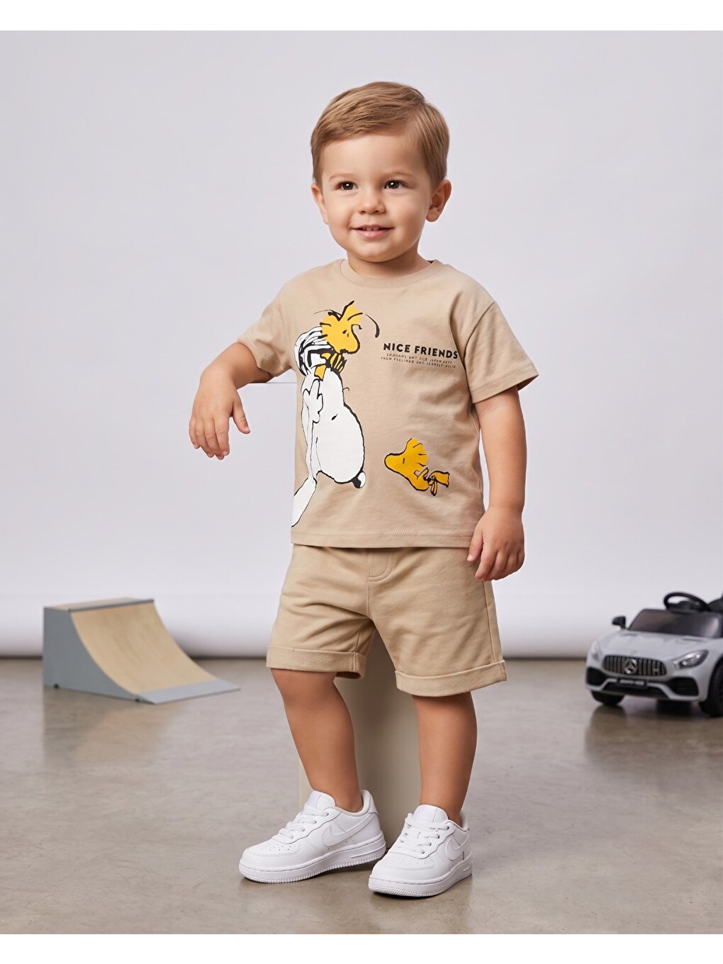 Bej Erkek Çocuk Yazlık Snoopy Baskılı Şort T-shirt 2'li Takım-1