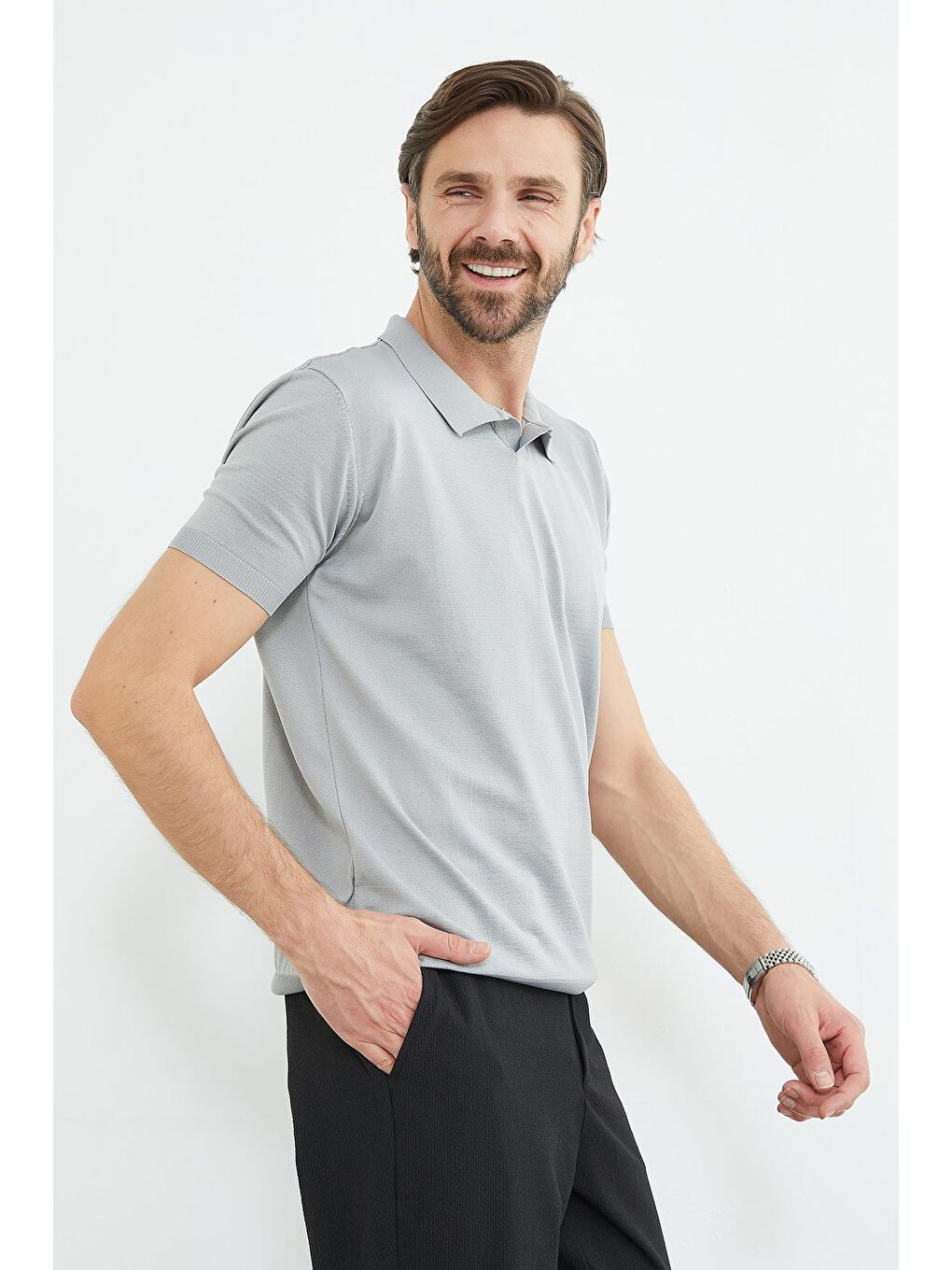 Gri Basic Apaş Yaka Triko Tişört-2