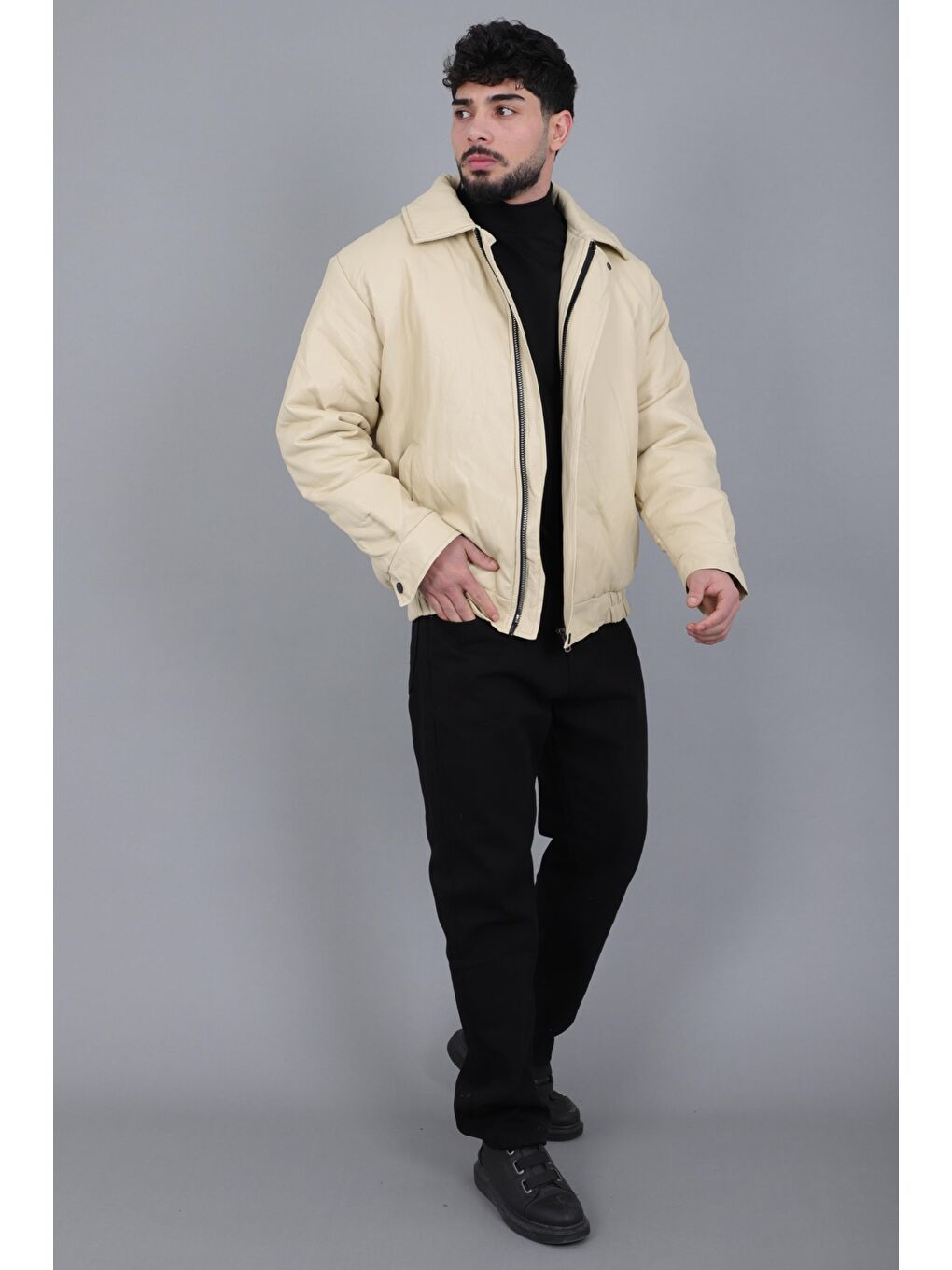 Bej Kışlık Dolumlu İçi Kürklü Oversize Suni Deri Mont KMD_50502-5