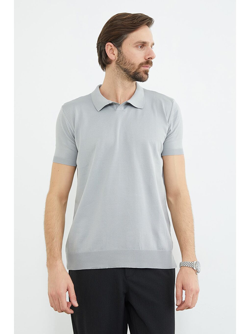 Gri Basic Apaş Yaka Triko Tişört-4