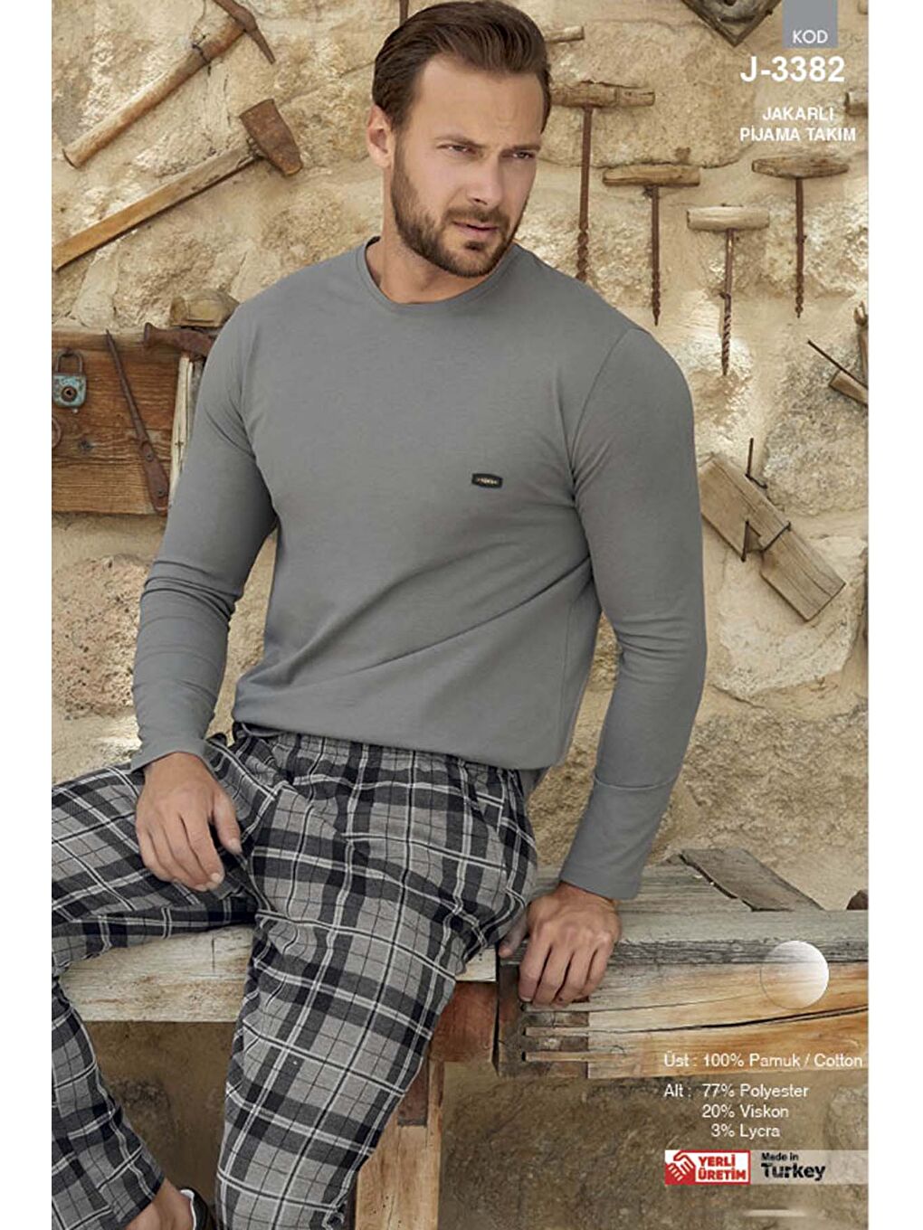 Erkek Jakar Uzun Kol Pijama Takımı 3382 Gri-2