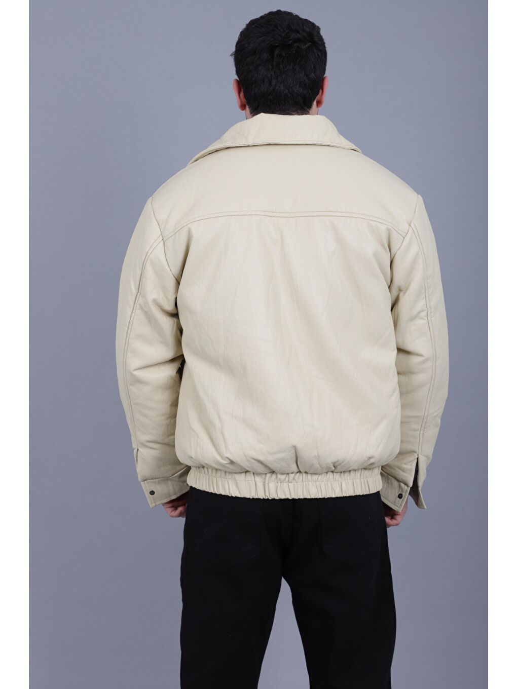 Bej Kışlık Dolumlu İçi Kürklü Oversize Suni Deri Mont KMD_50502-6