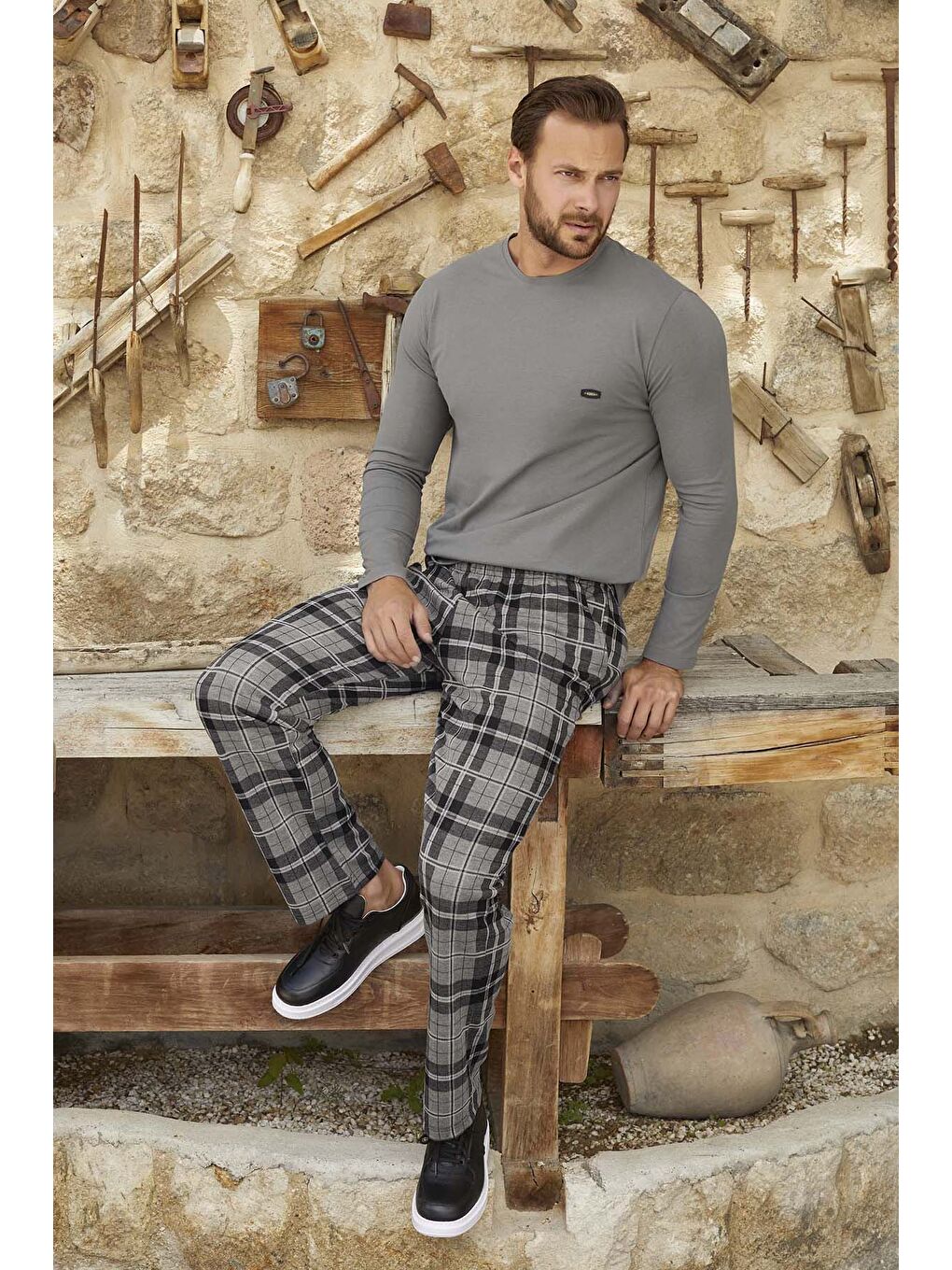 Erkek Jakar Uzun Kol Pijama Takımı 3382 Gri-3