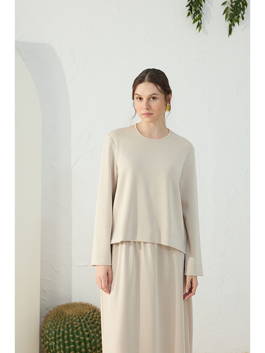 Bej Taş Bisiklet Yaka Örme Bluz-1