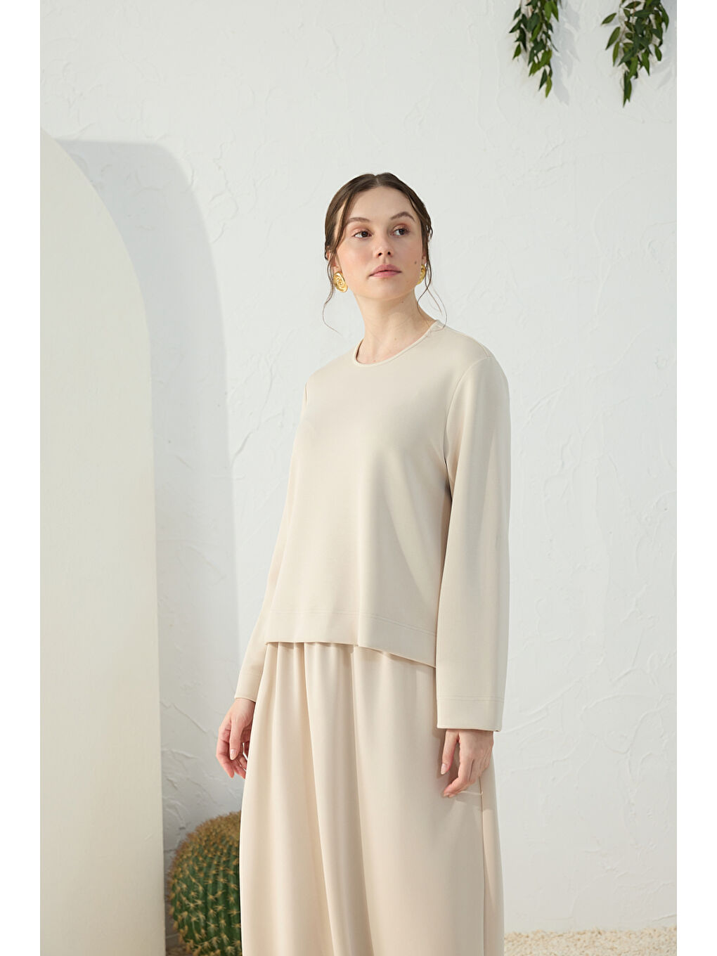 Bej Taş Bisiklet Yaka Örme Bluz-2