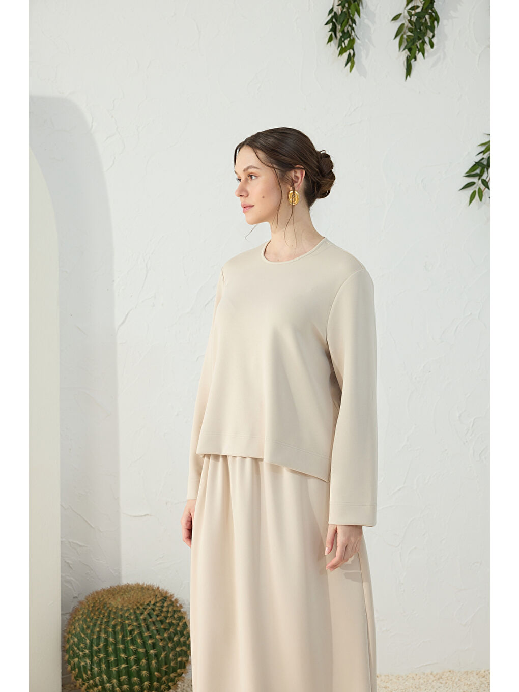 Bej Taş Bisiklet Yaka Örme Bluz-3