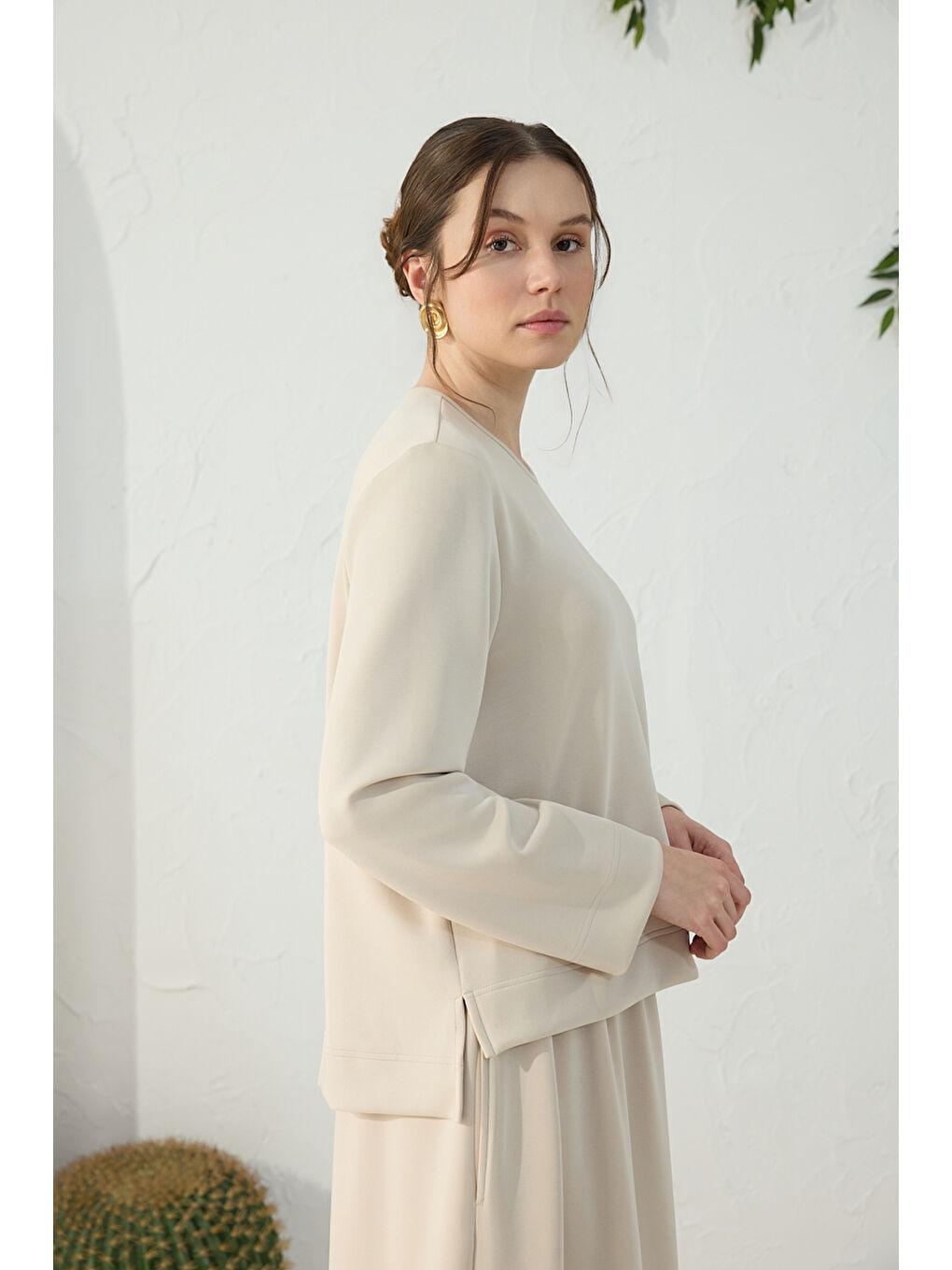 Bej Taş Bisiklet Yaka Örme Bluz-4