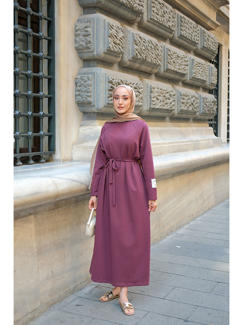 Kadın Kol Arma Detaylı Bisiklet Yaka Elbise Bordo-3