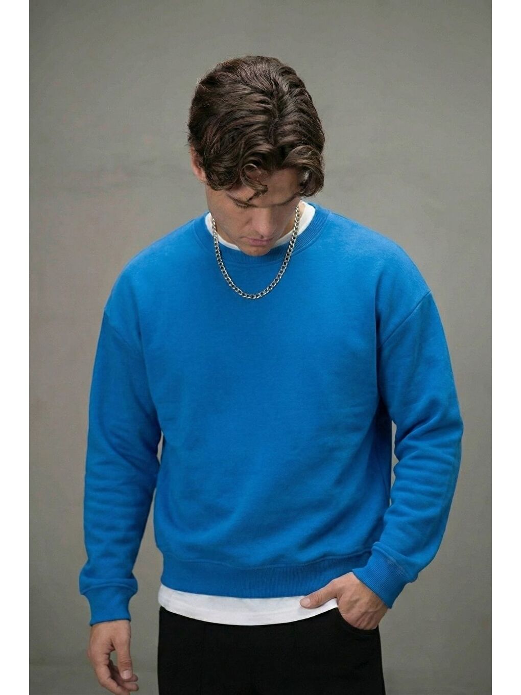 Erkek Boxy Oversize Mavi Sweatshirt