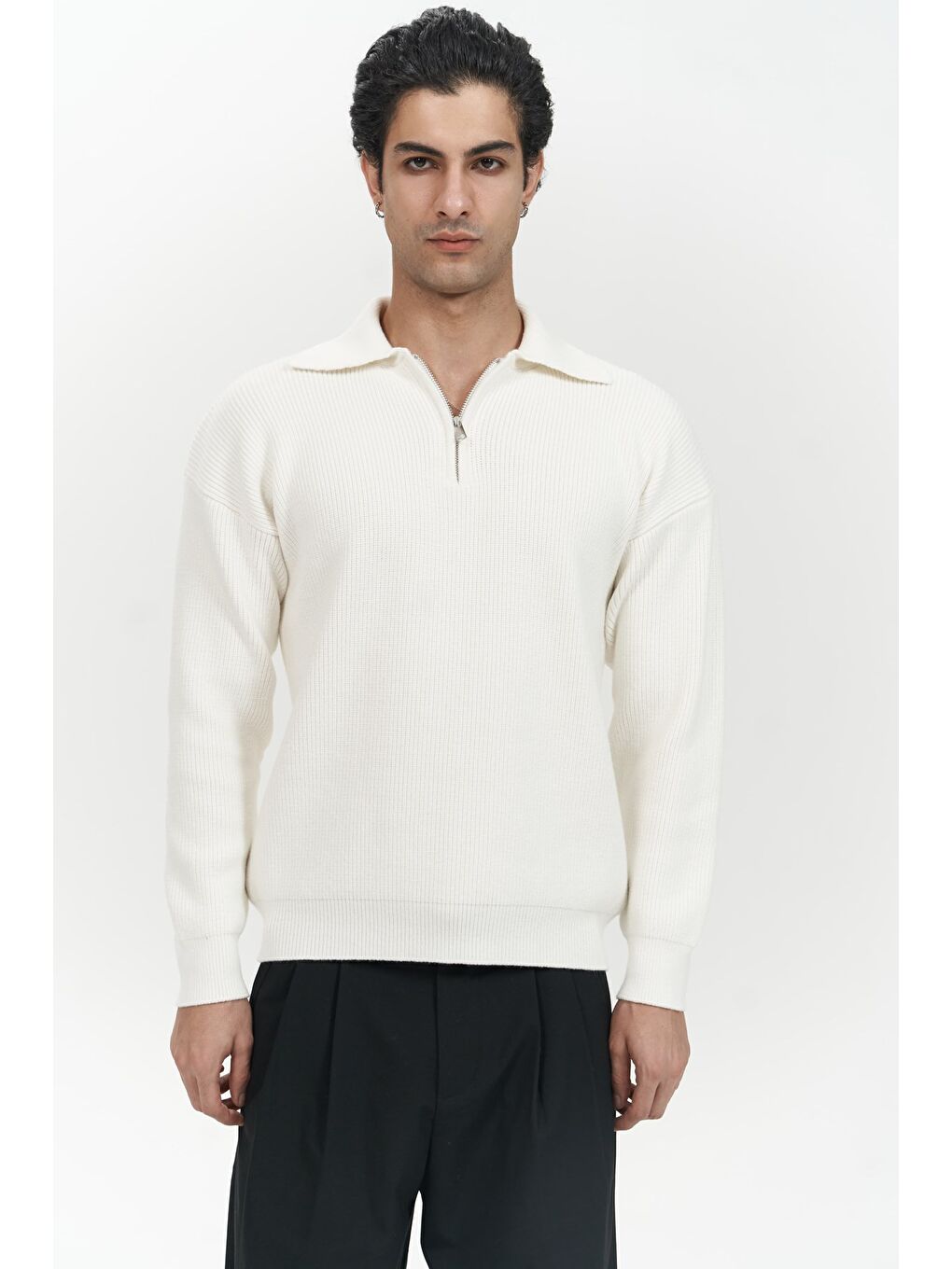 Oberon Polo Yaka Yarım Fermuarlı Ekru Erkek Triko Kazak-1