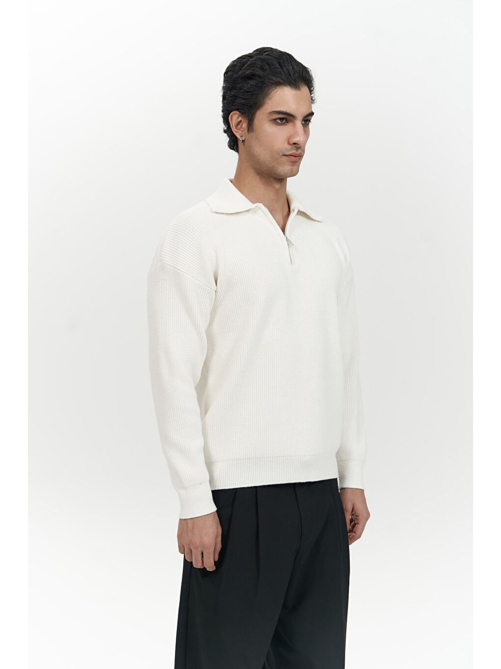 Oberon Polo Yaka Yarım Fermuarlı Ekru Erkek Triko Kazak-2