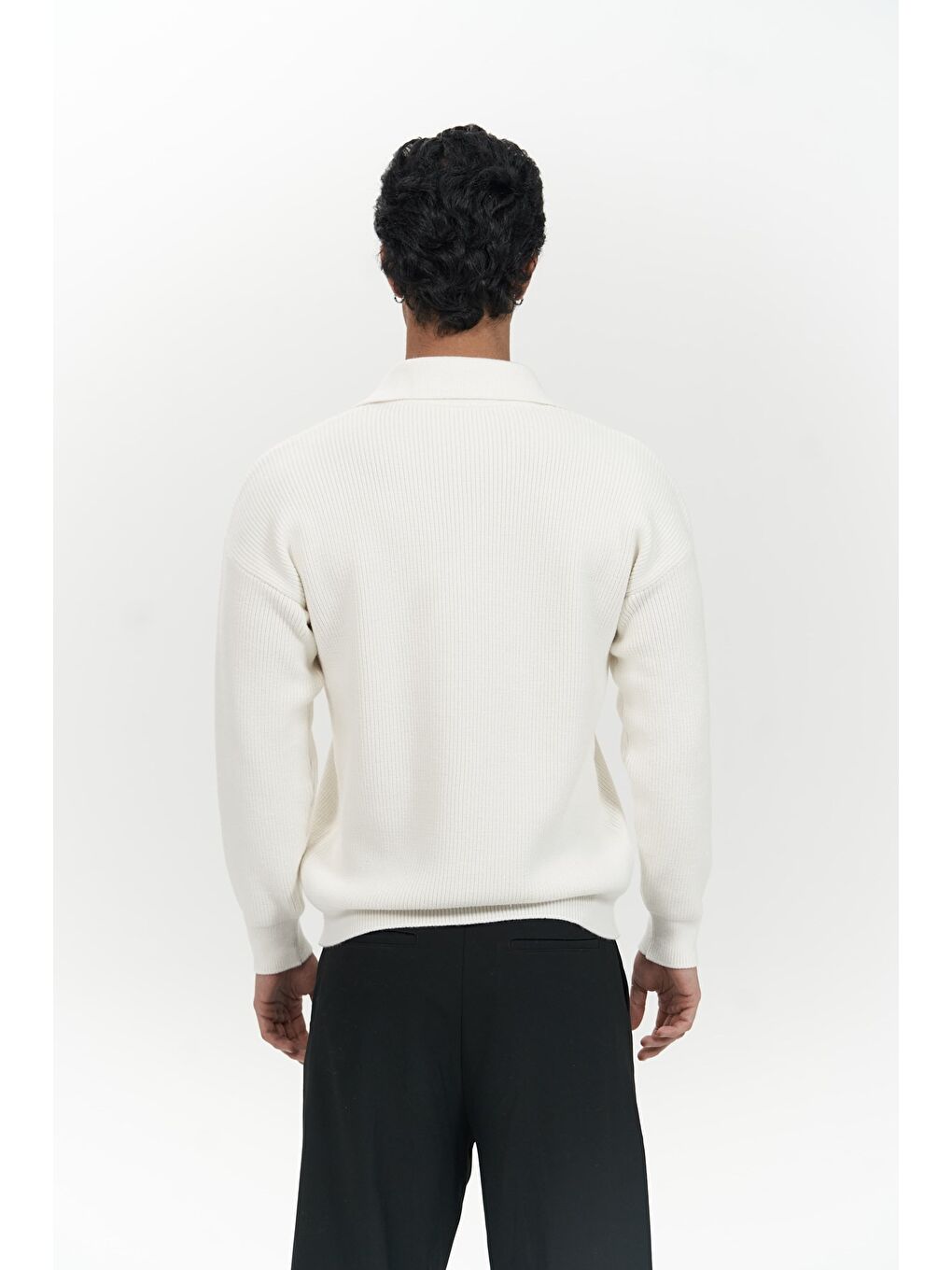 Oberon Polo Yaka Yarım Fermuarlı Ekru Erkek Triko Kazak-3