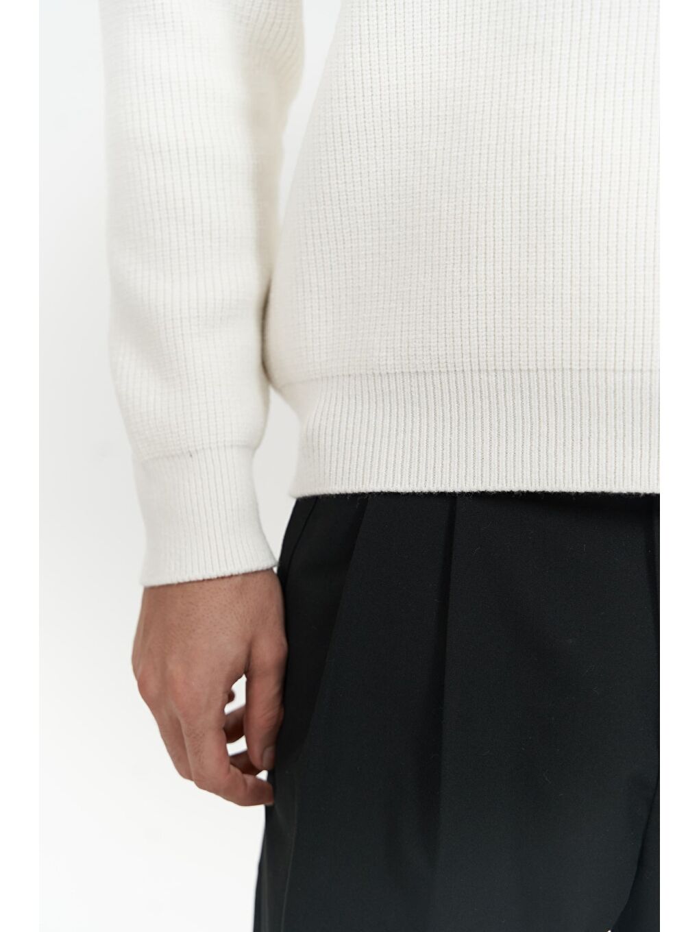 Oberon Polo Yaka Yarım Fermuarlı Ekru Erkek Triko Kazak-5