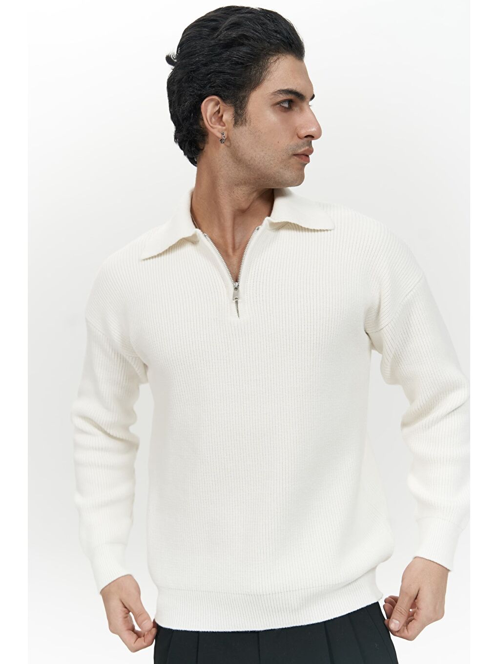 Oberon Polo Yaka Yarım Fermuarlı Ekru Erkek Triko Kazak-6