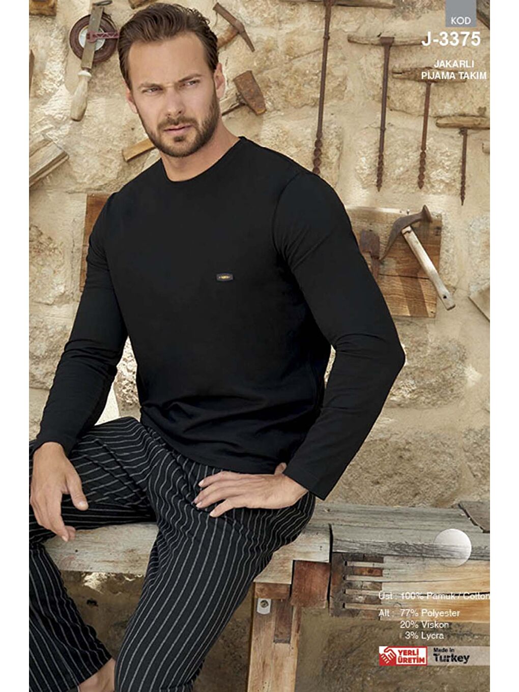 Erkek Jakar Uzun Kol Pijama Takımı 3375 Siyah02-2