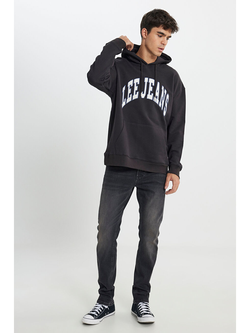 Siyah Relaxed Fit Geniş Kesim %100 Pamuk Kapüşonlu İçi Polarlı Antrasit Sweatshirt-1