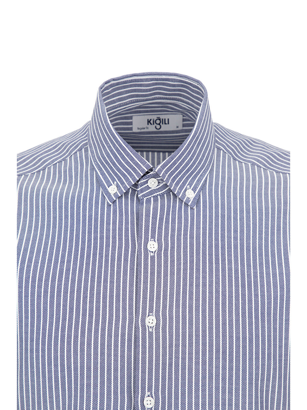 Lacivert Uzun Kol Regular Fit Çizgili Düğmeli Yaka Pamuklu Kolay Ütülenebilir Gömlek-2