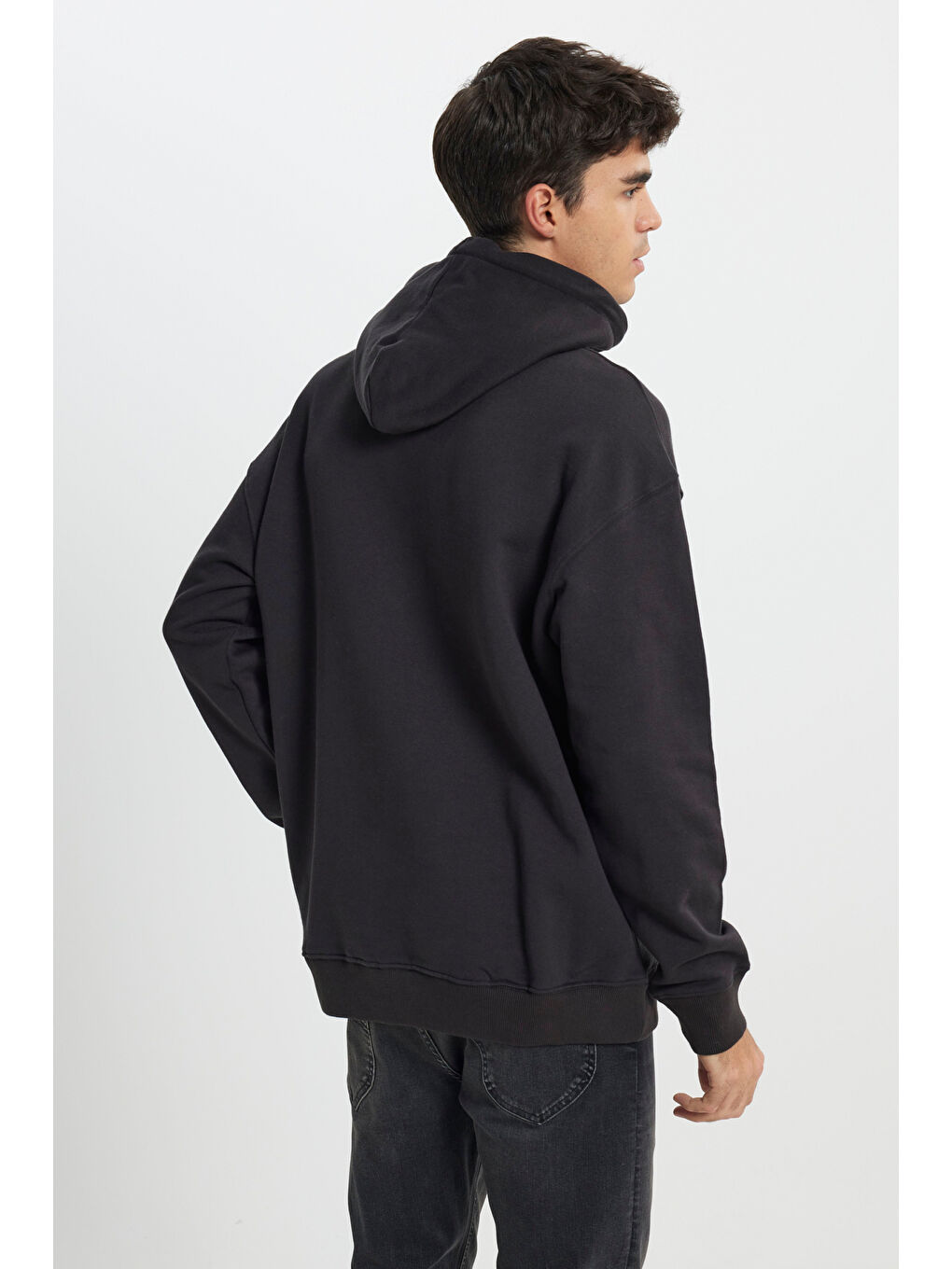 Siyah Relaxed Fit Geniş Kesim %100 Pamuk Kapüşonlu İçi Polarlı Antrasit Sweatshirt-3