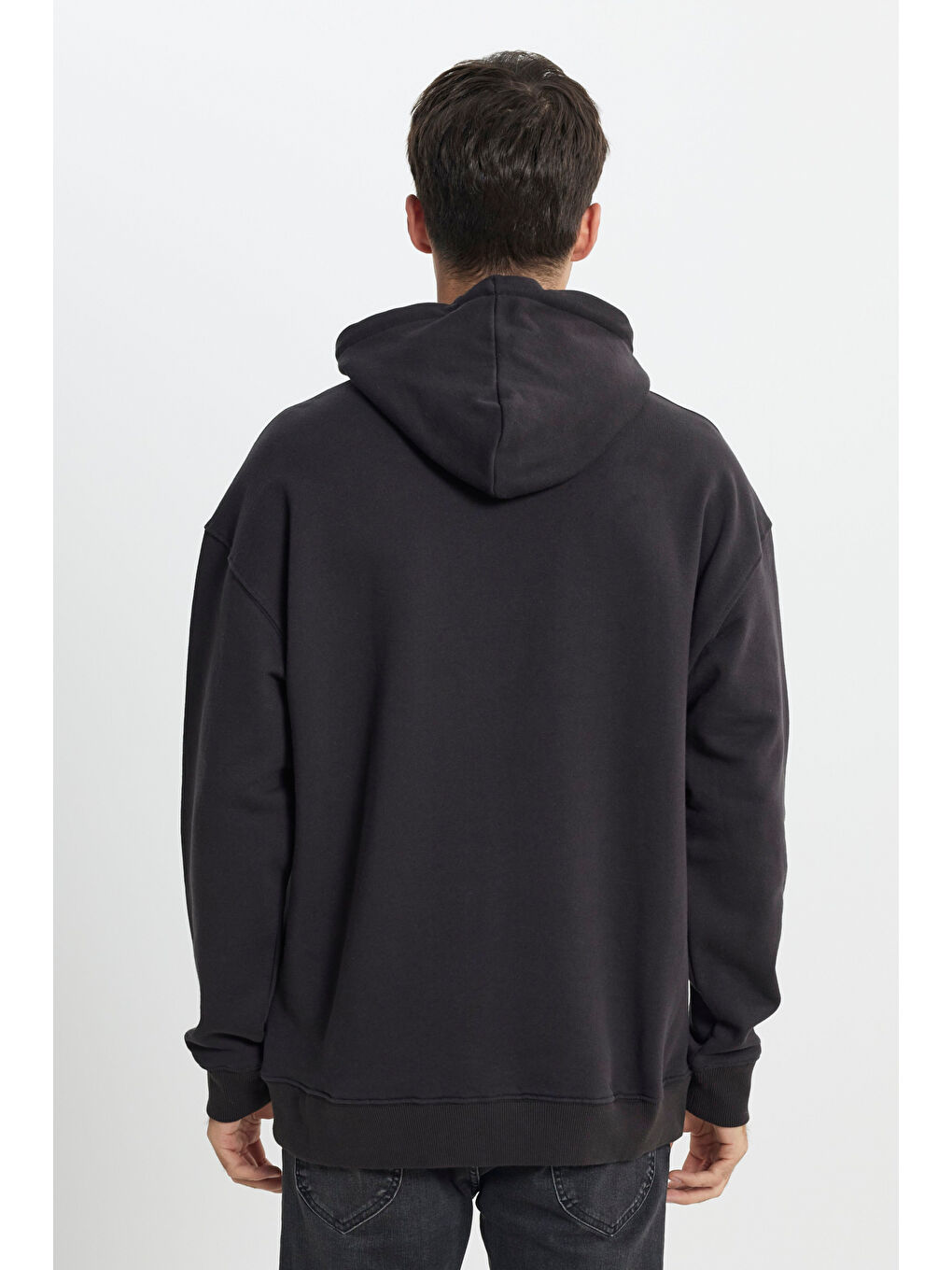 Siyah Relaxed Fit Geniş Kesim %100 Pamuk Kapüşonlu İçi Polarlı Antrasit Sweatshirt-4