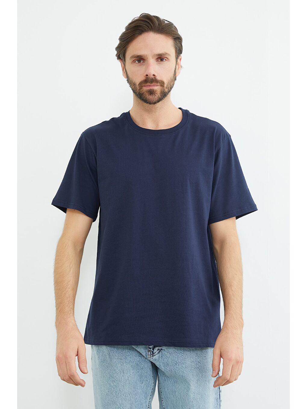 Lacivert Basic Bisiklet Yaka Tişört-2