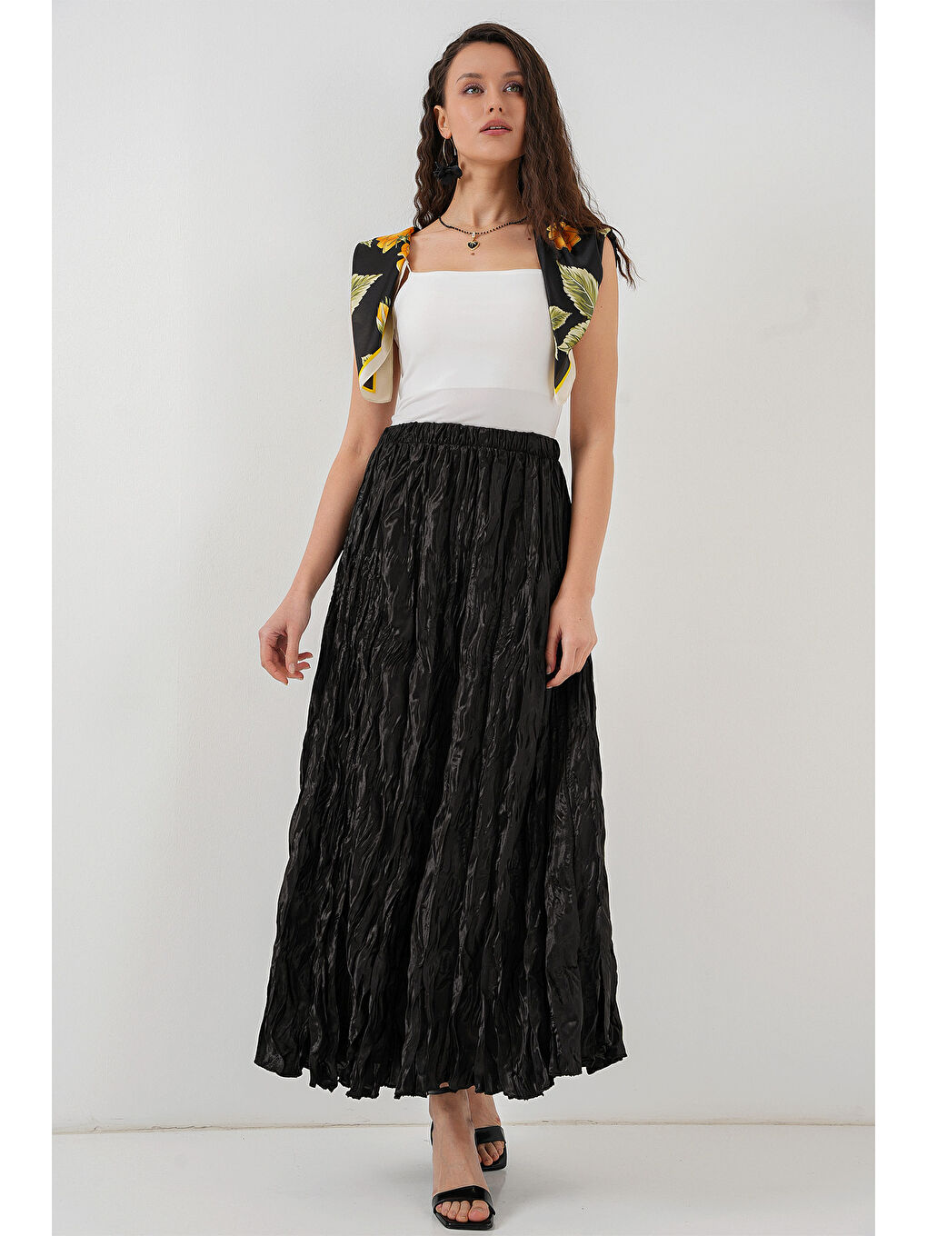 Kadın Uzun Kırışık Etek 8034 - Siyah-2