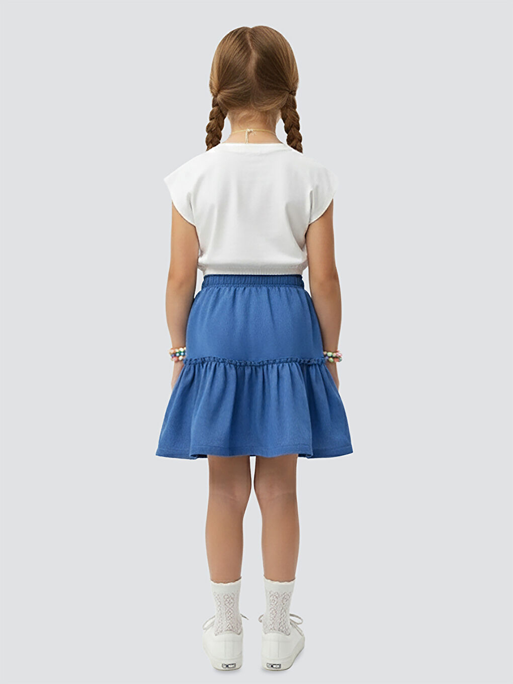 Beyaz Renkli Çiçekler Kız Çocuk T-shirt Etek Takım-3