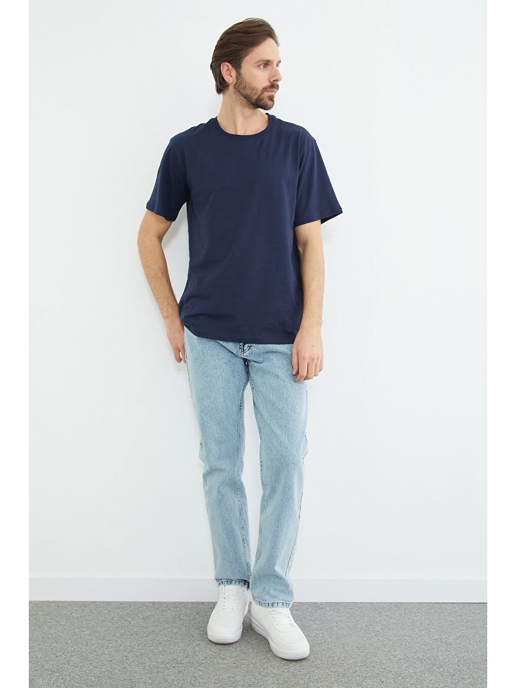 Lacivert Basic Bisiklet Yaka Tişört-3