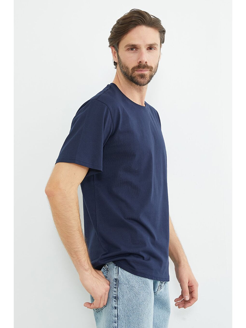 Lacivert Basic Bisiklet Yaka Tişört-4