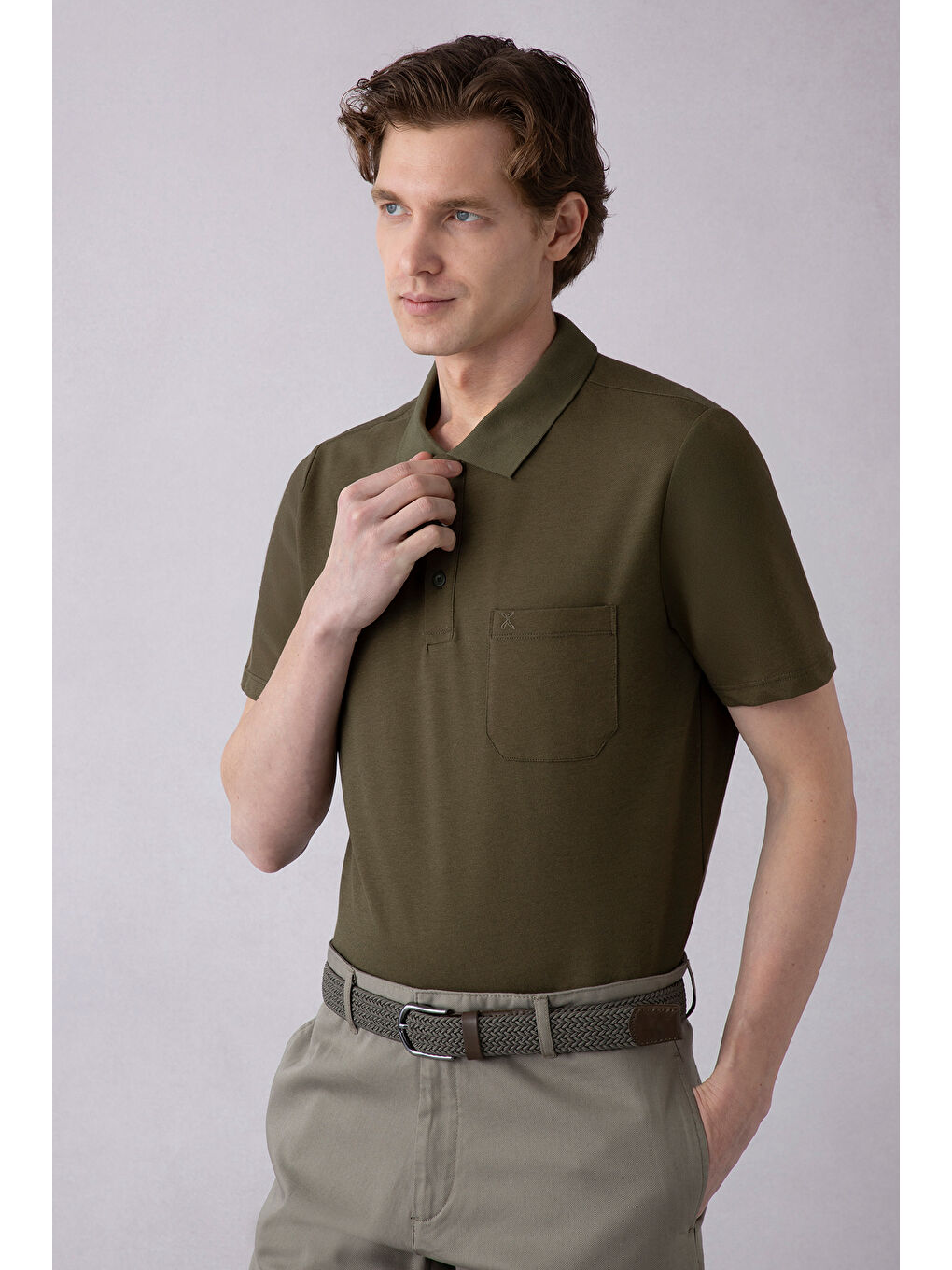 Haki Regular Fit Pamuklu Nakışlı Cepli Polo Yaka Tişört-4