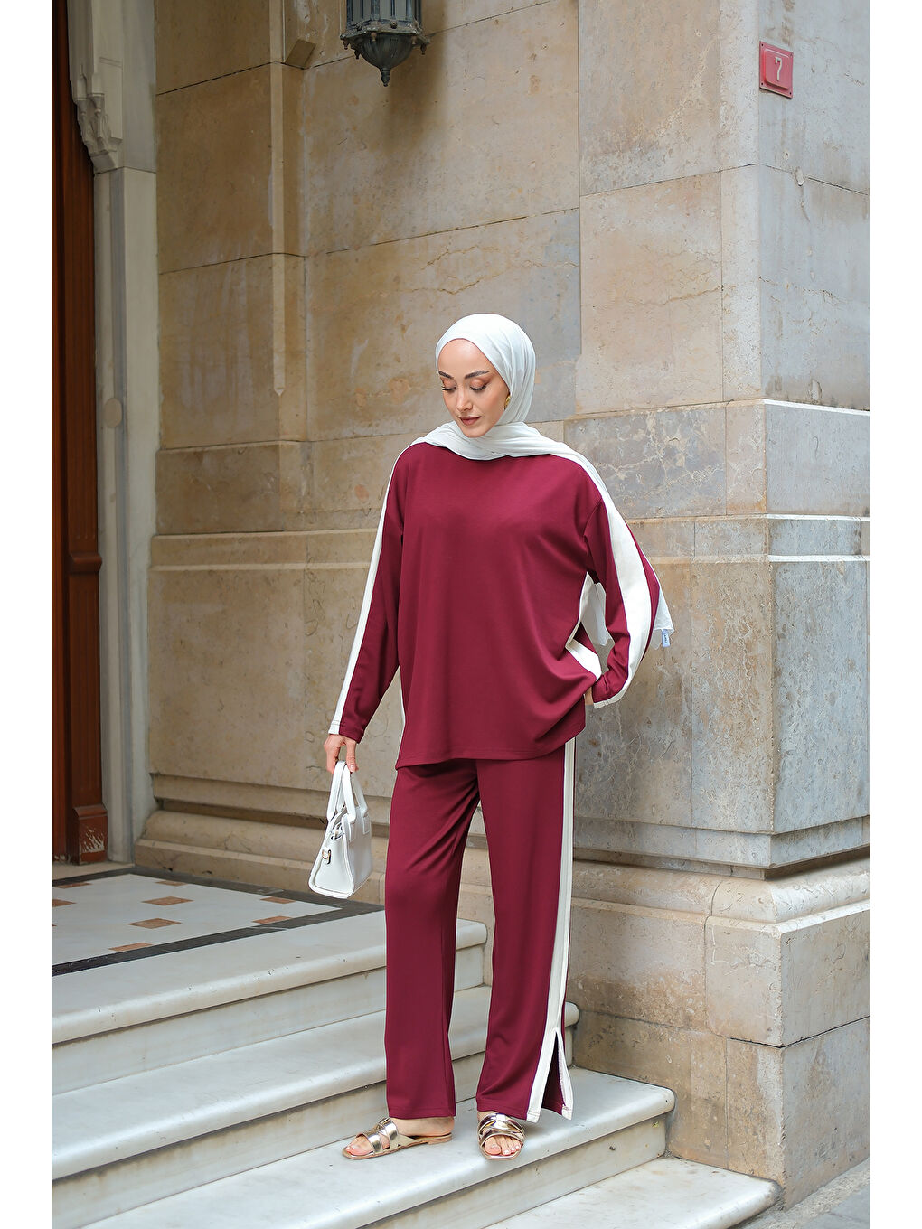 Kadın Yan Şerit Detay İkili Takım Bordo-1