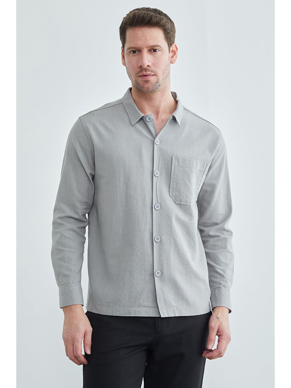 Gri Tek Cepli Keten Görünümlü Gömlek