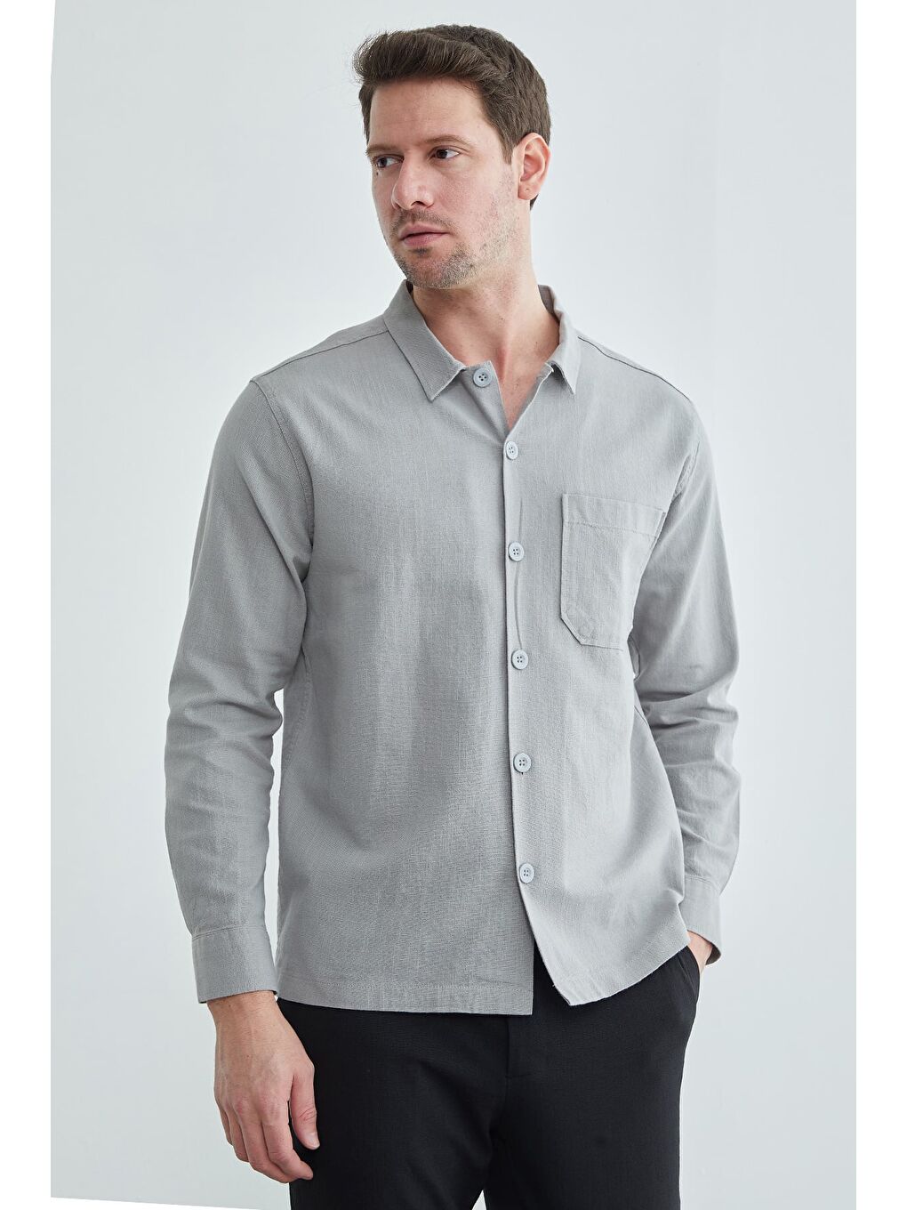 Gri Tek Cepli Keten Görünümlü Gömlek-1