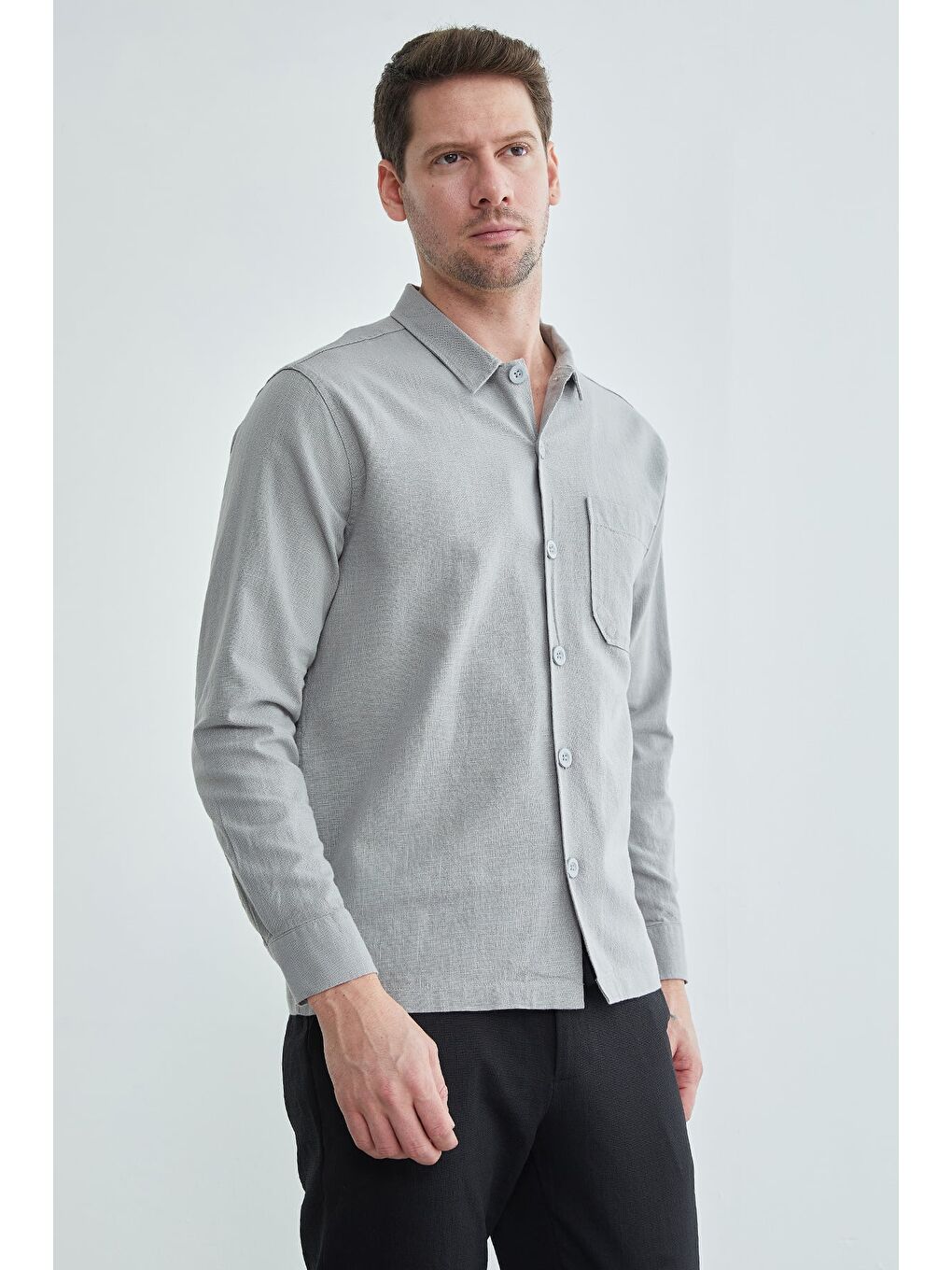 Gri Tek Cepli Keten Görünümlü Gömlek-3