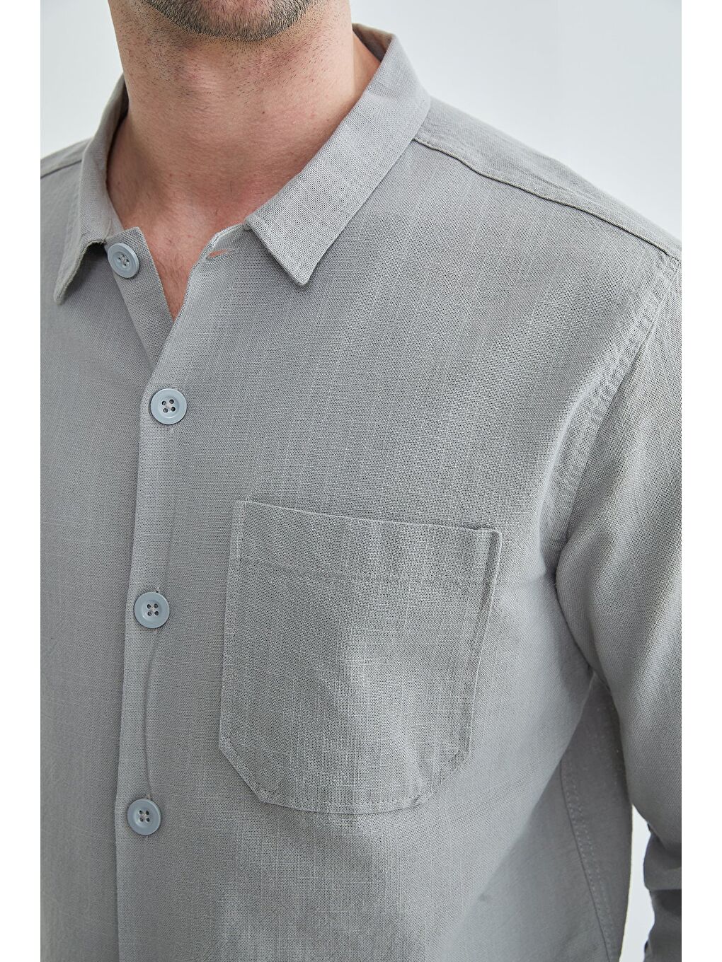 Gri Tek Cepli Keten Görünümlü Gömlek-4