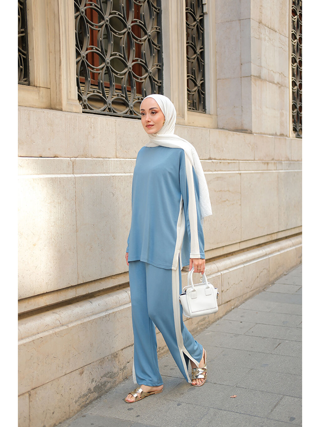 Kadın Yan Şerit Detay İkili Takım Açık Mavi-3